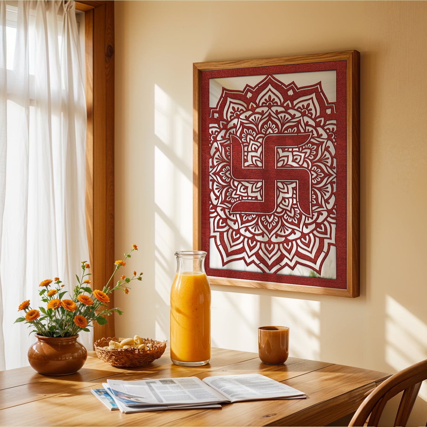 Auspicious Swastik Pinewood Laser wall Art