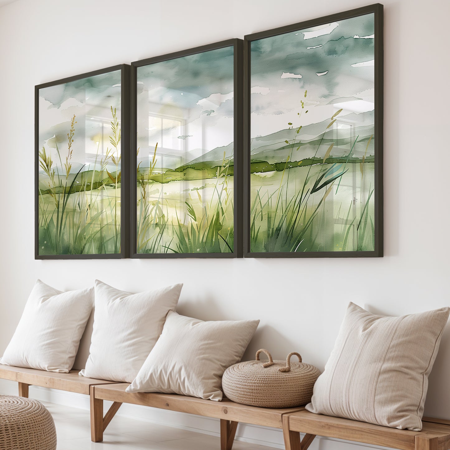 Serene Green Meadow Landscape Wall Art Set of 3