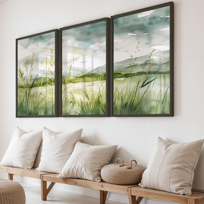 Serene Green Meadow Landscape Wall Art Set of 3