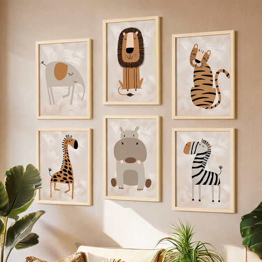 Cute Safari Animals Kids Wall Frame Set of 6