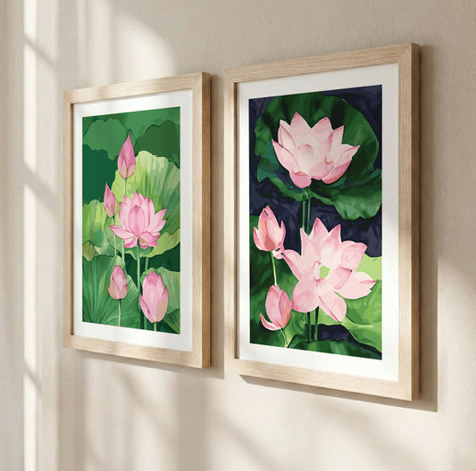 Pink Lotus Floral Wall Frame Set of 2