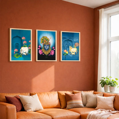 Divine Pichwai Shreenathji & Sacred Cow Wall Art - Set of 3