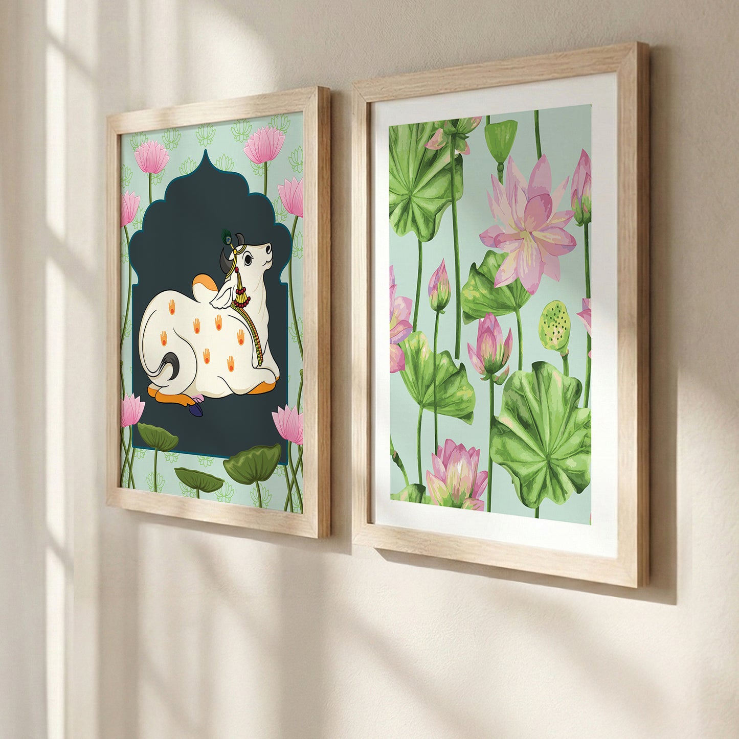 Sacred Cow & Lotus Art Wall Frame Set of 2