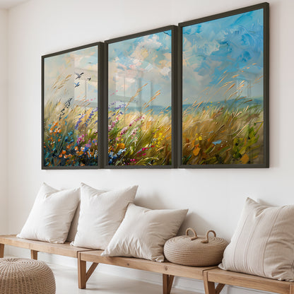 Wildflower Meadow Landscape Wall Art Set of 3