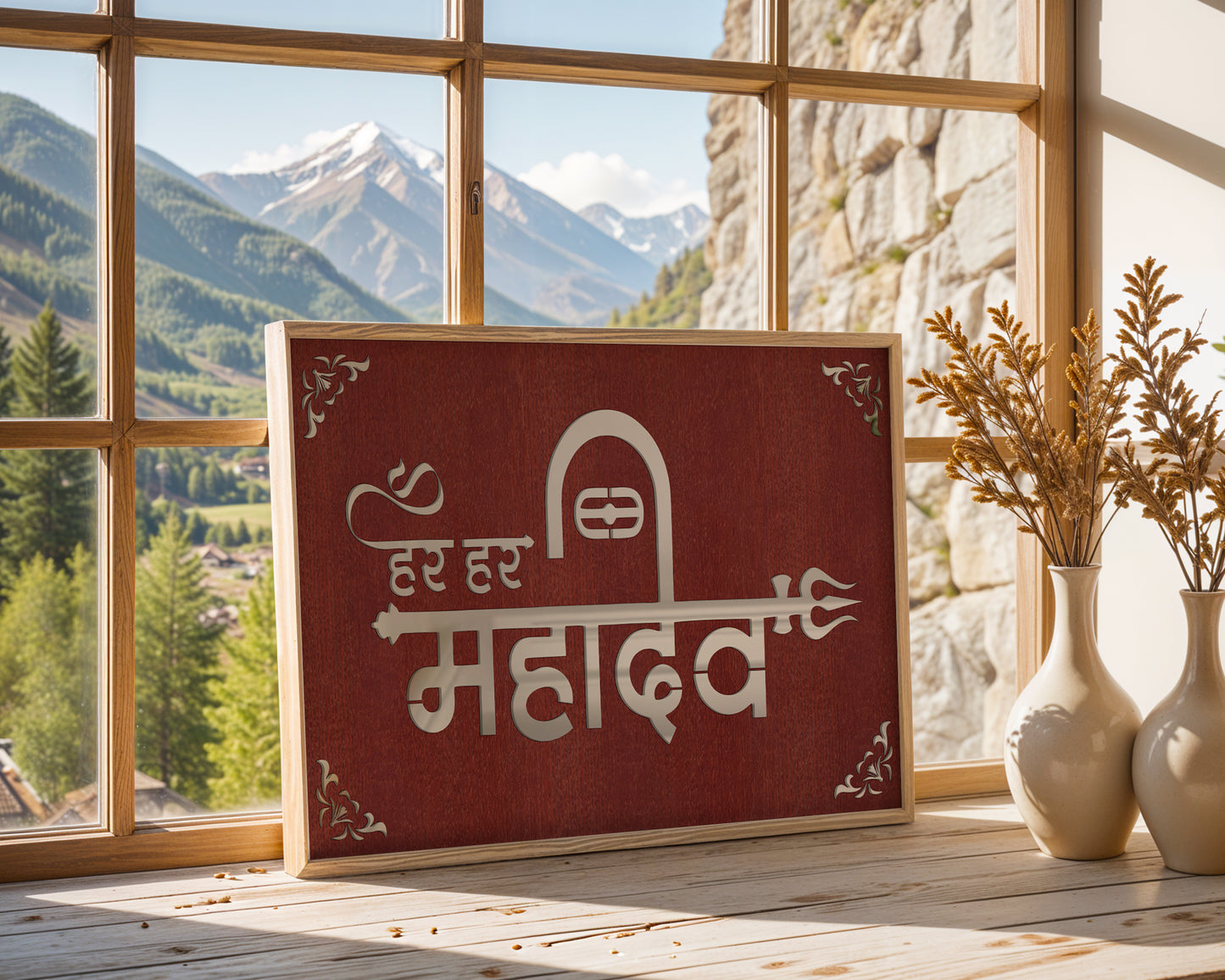 Har Har Mahadev Pinewood Laser wall Art
