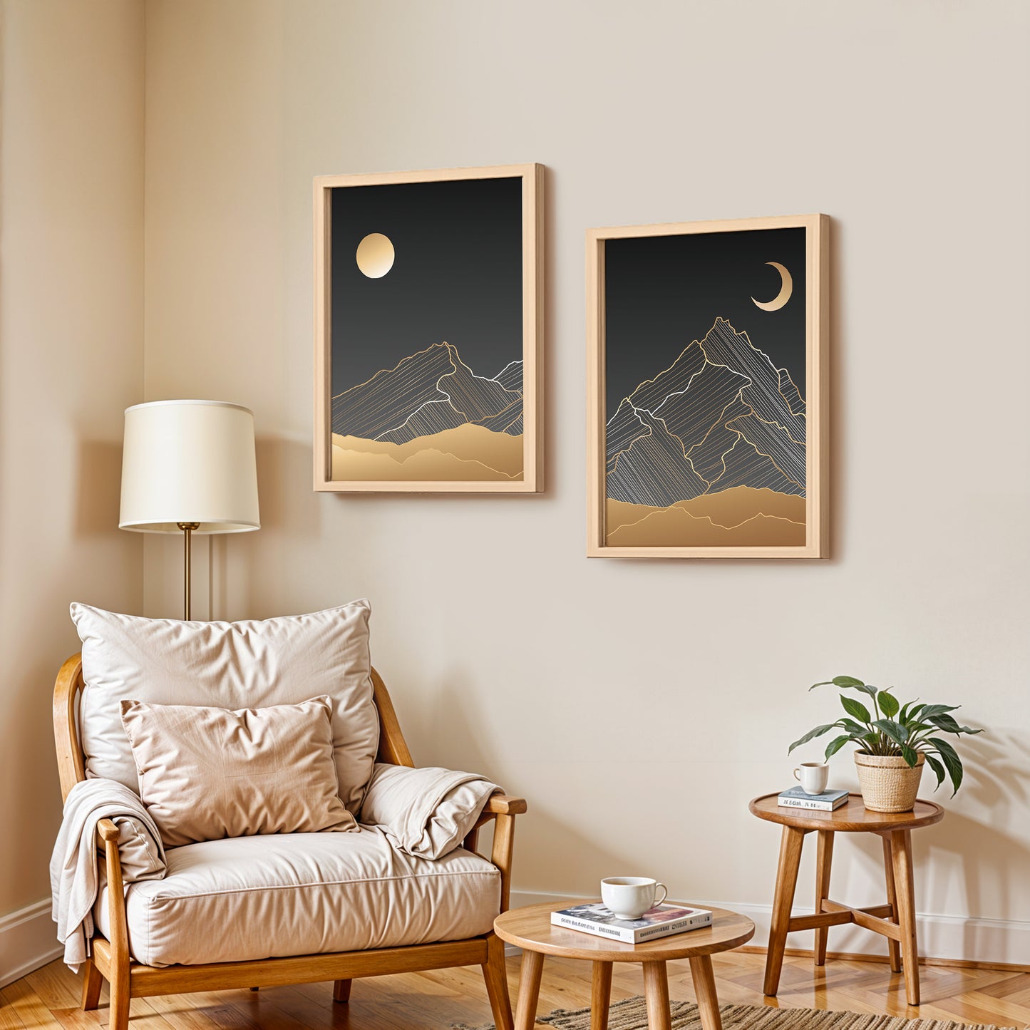 Golden Moon Mountain Minimal Wall Frames Set of 2