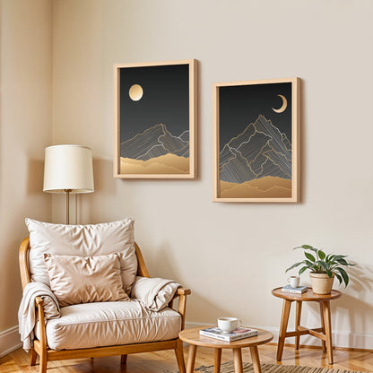 Golden Moon Mountain Minimal Wall Frames Set of 2