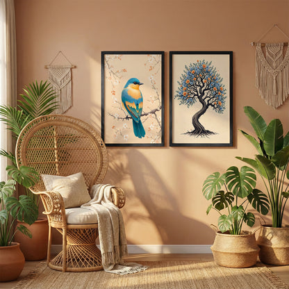 Tree & Blue Bird Nature Wall Art Frames Set of 2