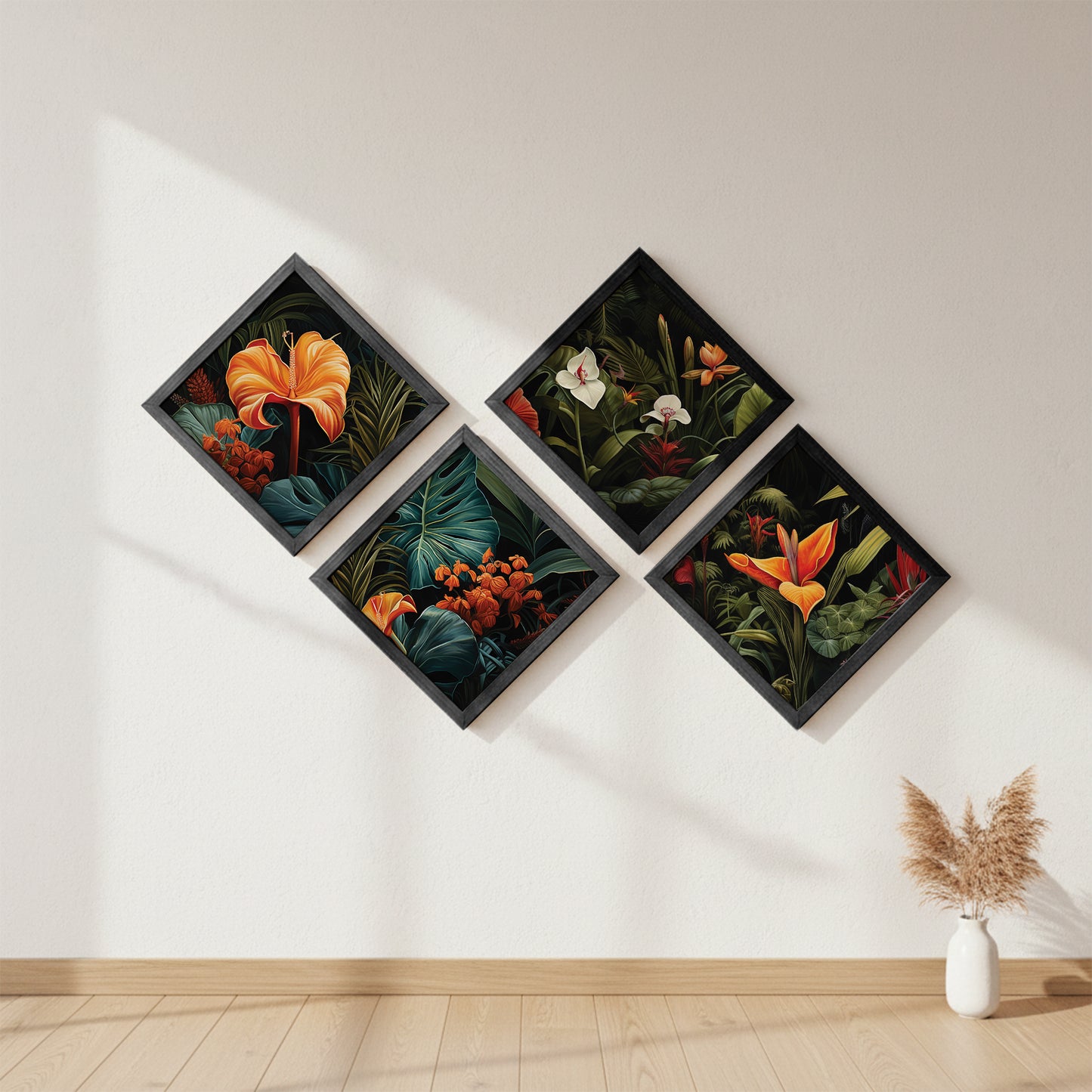 Tropical Botanical Floral Wall Frame Set of 4