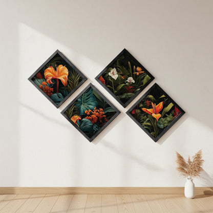 Tropical Botanical Floral Wall Frame Set of 4