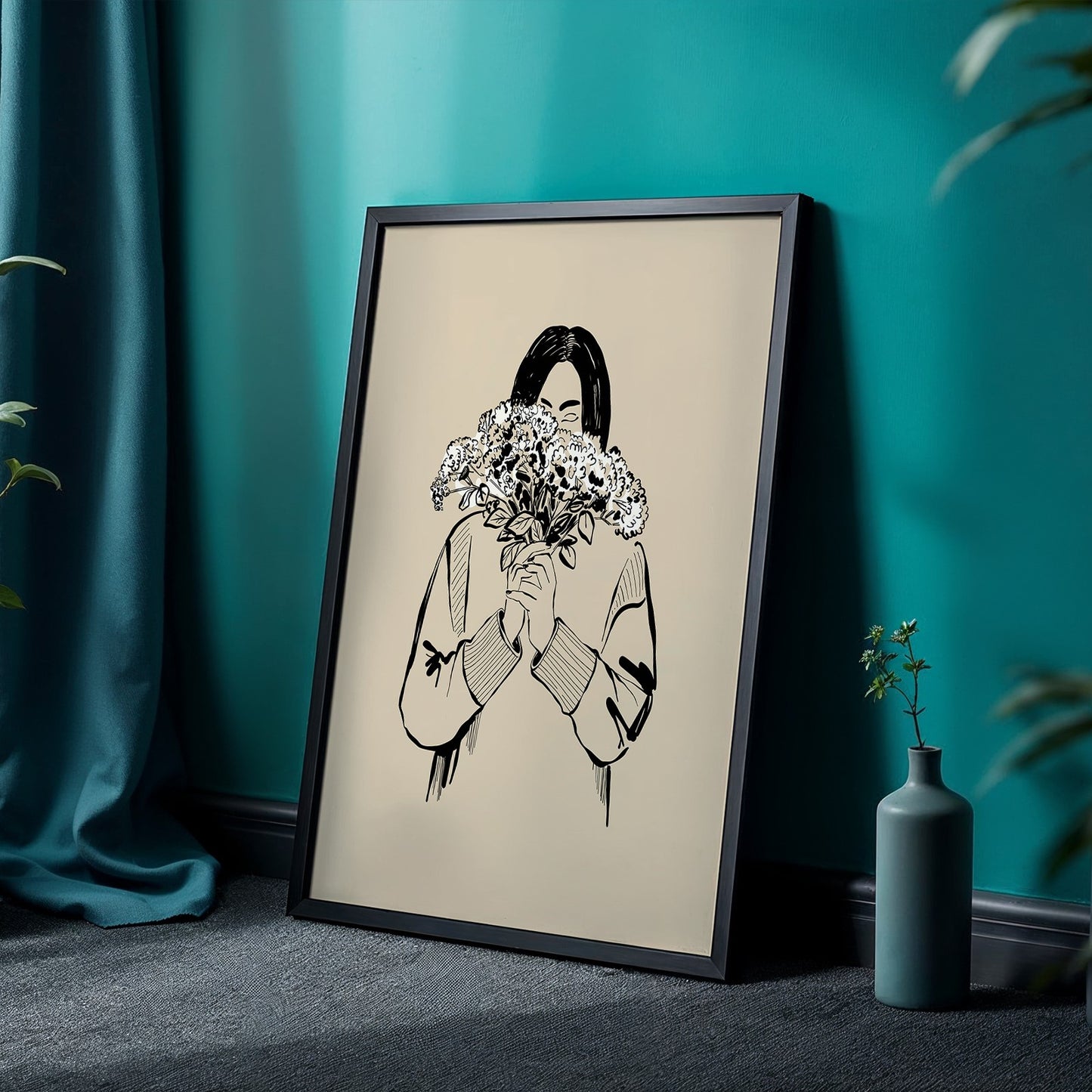 Minimalist Floral Girl Line Art Framed Poster