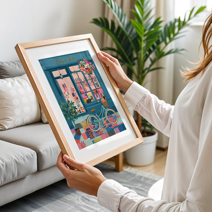 Cozy Bookstore Street Scene Wall Art Print