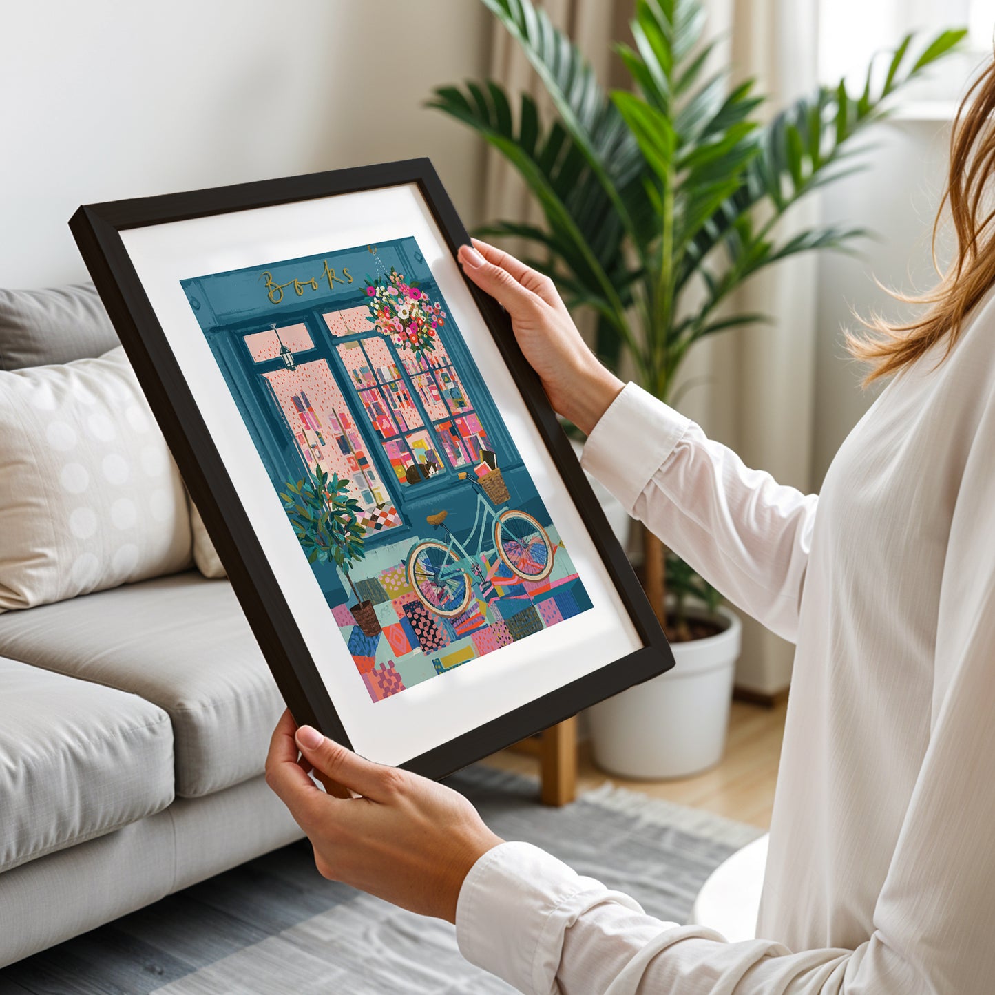 Cozy Bookstore Street Scene Wall Art Print