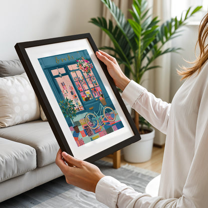 Cozy Bookstore Street Scene Wall Art Print
