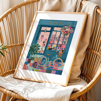Cozy Bookstore Street Scene Wall Art Print