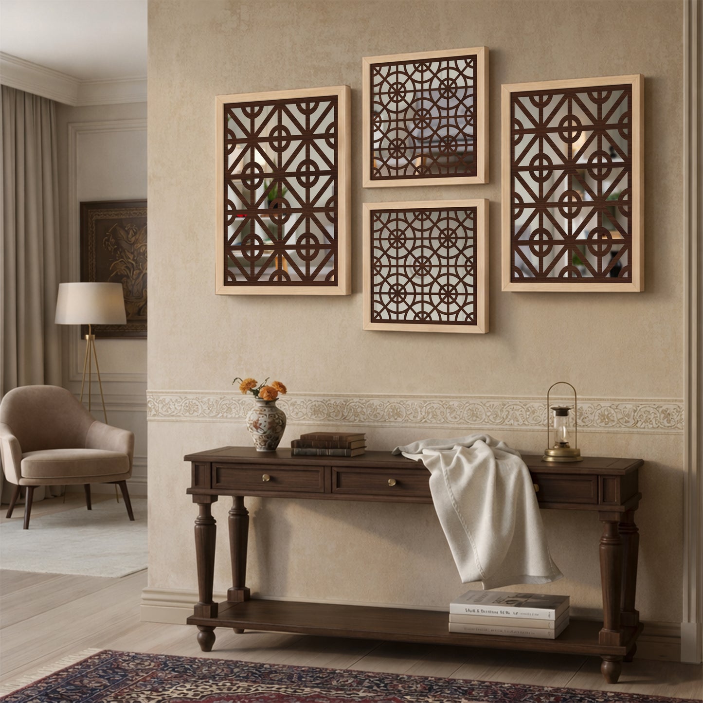 Ivory Geometric Mirror Art Set of 4
