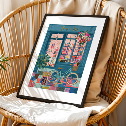 Cozy Bookstore Street Scene Wall Art Print