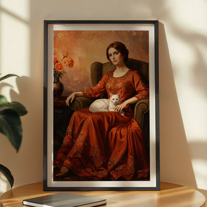 Elegant Lady with White Cat Vintage Portrait Print