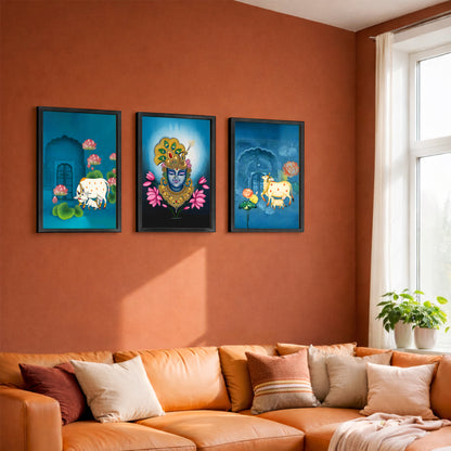 Divine Pichwai Shreenathji & Sacred Cow Wall Art - Set of 3