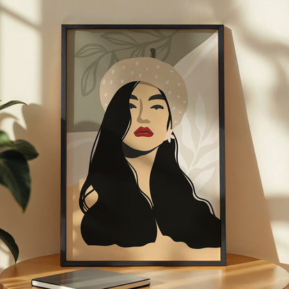 Boho Beret Girl Minimalist Framed Wall Art