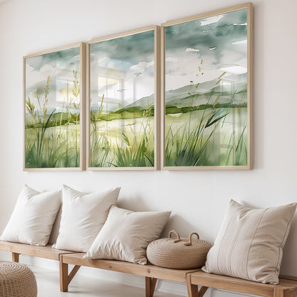 Serene Green Meadow Landscape Wall Art Set of 3
