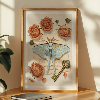 Vintage Moth & Roses Botanical Framed Wall Art