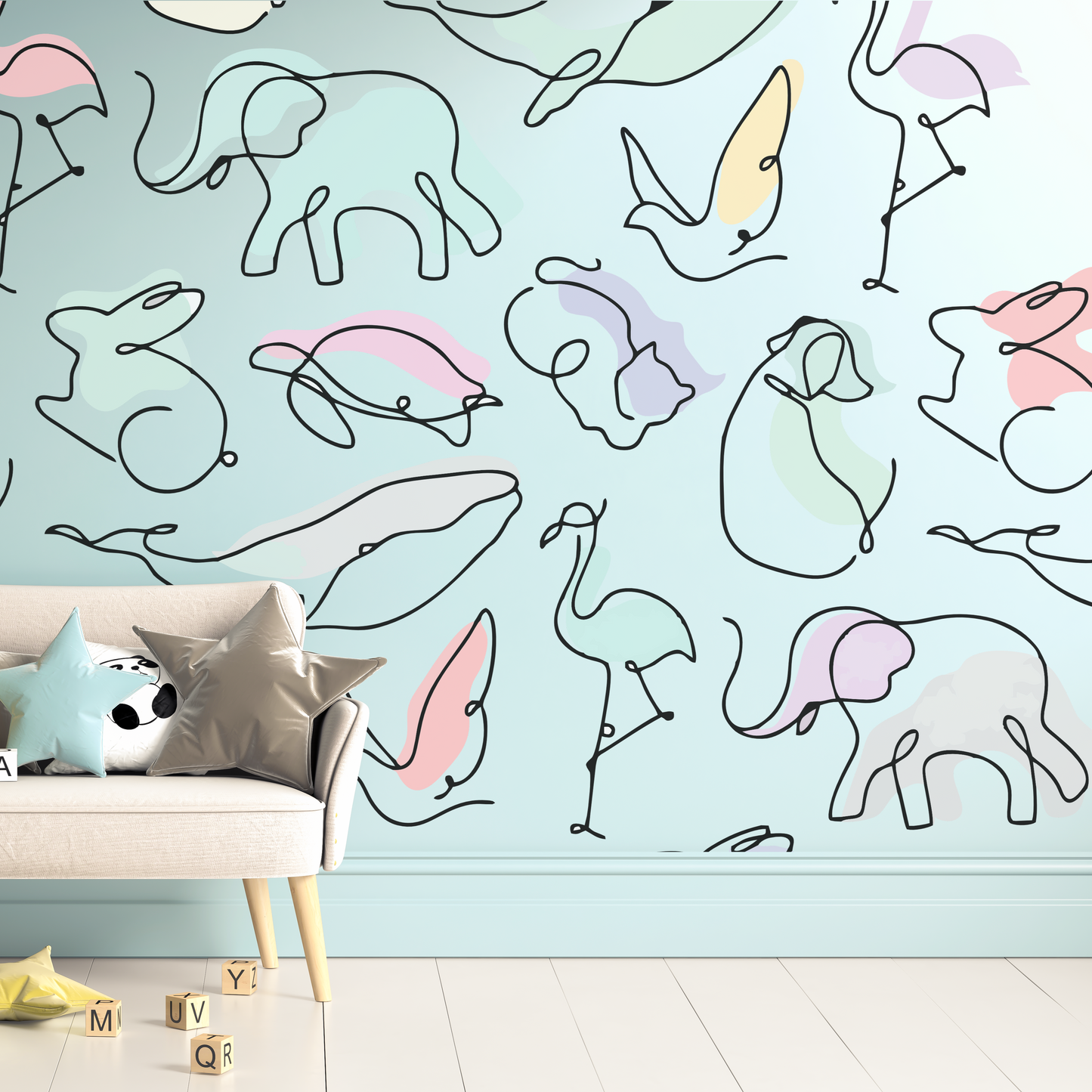 Minimalist One-Line Pastel Animal Pattern Wall Sticker