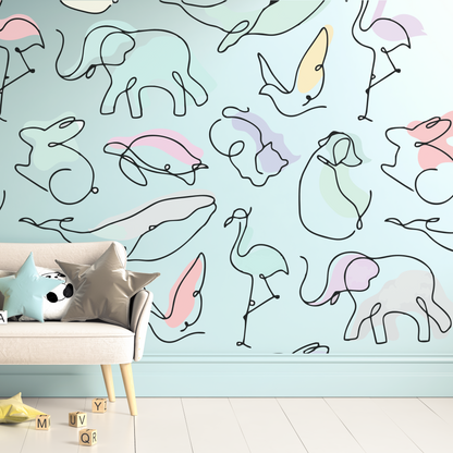 Minimalist One-Line Pastel Animal Pattern Wall Sticker