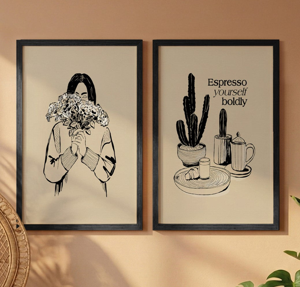 Minimal Line Art & Coffee Quote Wall Frame Set of 2
