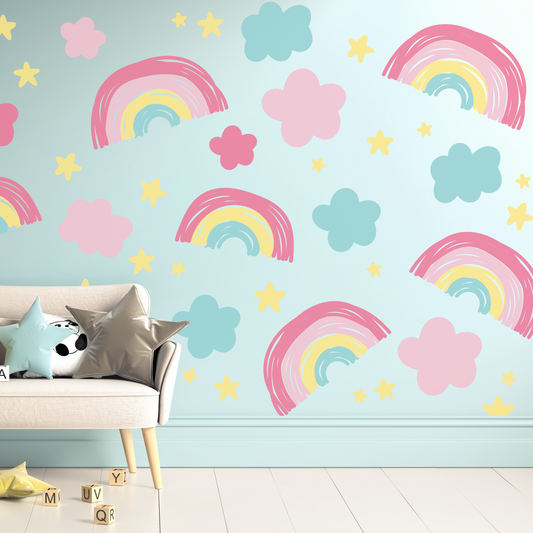 Pastel Rainbow, Star, and Cloud Pattern Wall Sticker
