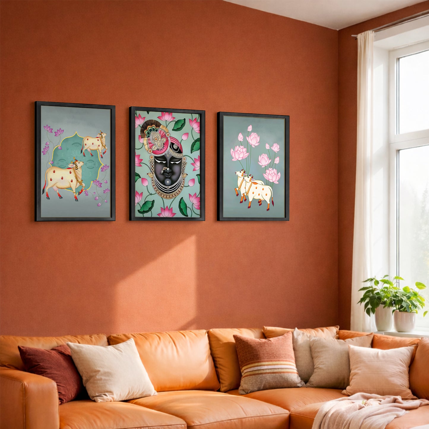 Divine Shreenathji & Sacred Cow Pichwai Wall Art - Set of 3