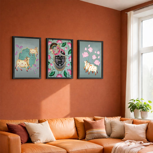 Divine Shreenathji & Sacred Cow Pichwai Wall Art - Set of 3