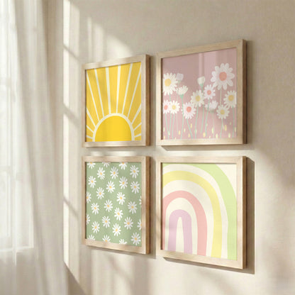 Boho Sunshine & Daisy Wall Art Frame Set of 4