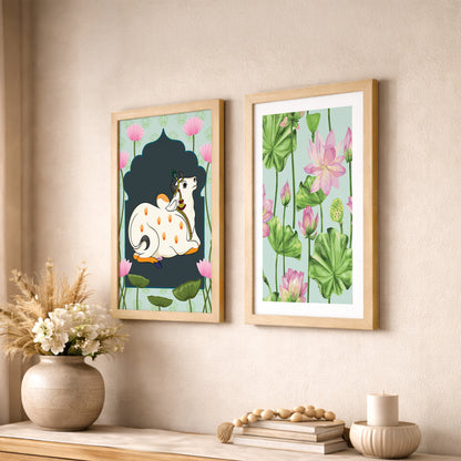 Sacred Cow & Lotus Art Wall Frame Set of 2