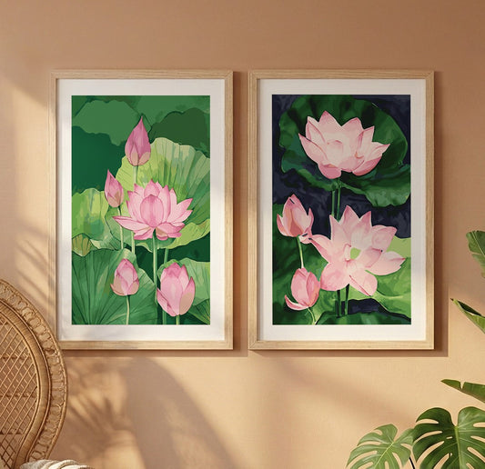 Pink Lotus Floral Wall Frame Set of 2