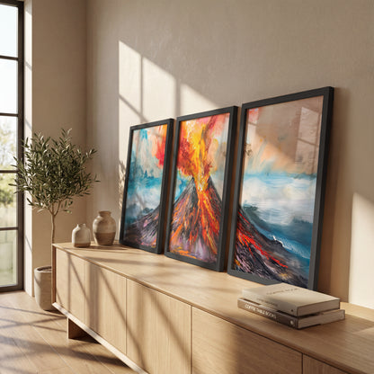 Erupting Volcano Landscape Wall Frames Set of 3