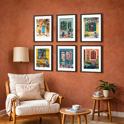 Mediterranean Café & Street Art Wall Frame Set of 6