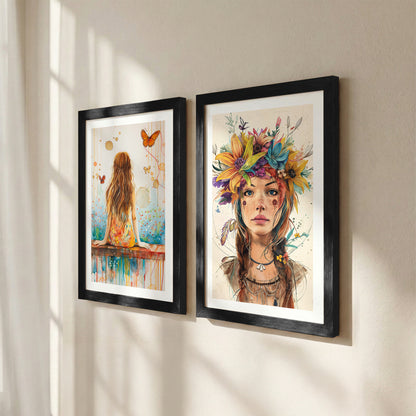 Boho Butterfly Girl Wall Art Set