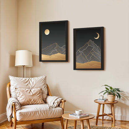 Golden Moon Mountain Minimal Wall Frames Set of 2