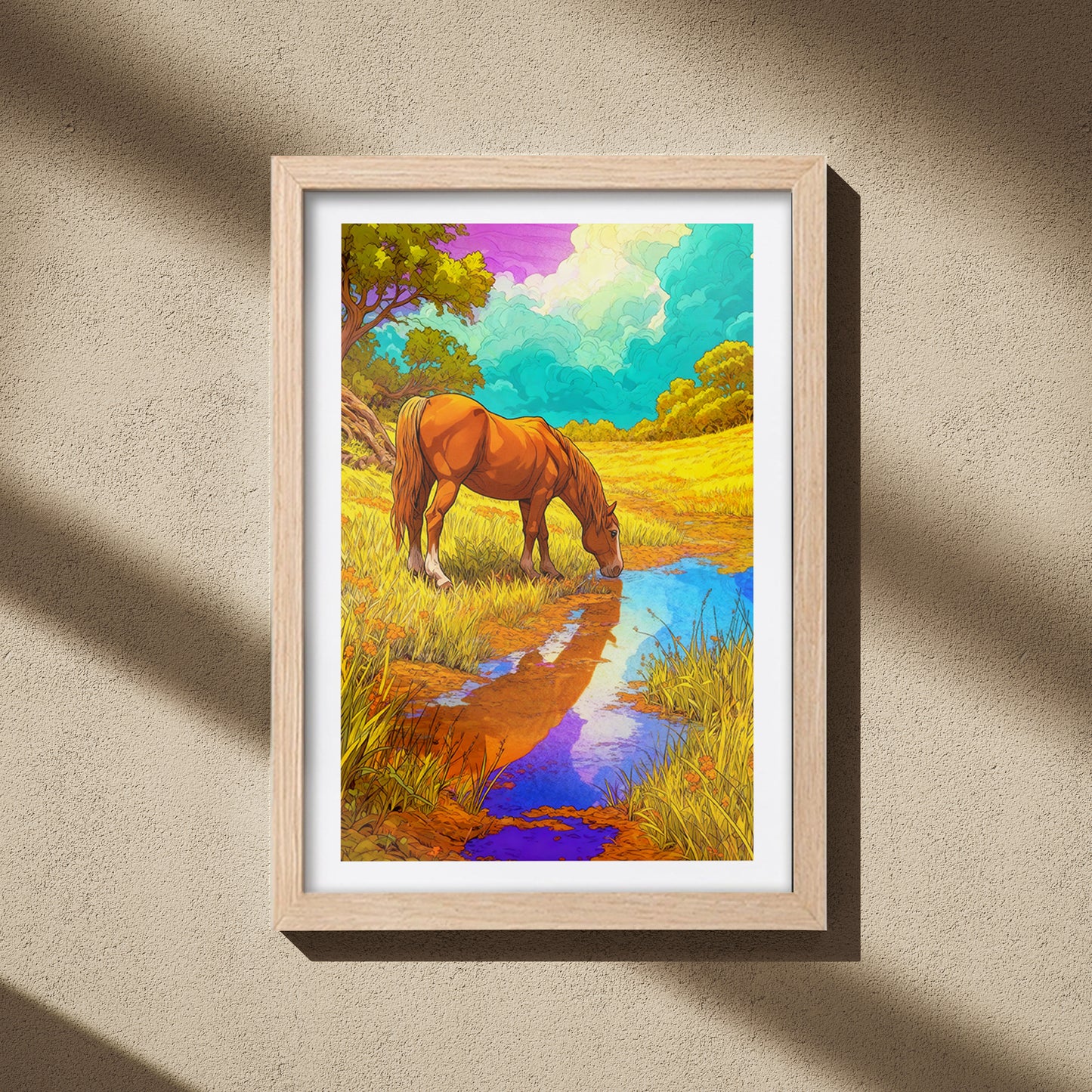 Horse by the Meadow Stream Wall Frame
