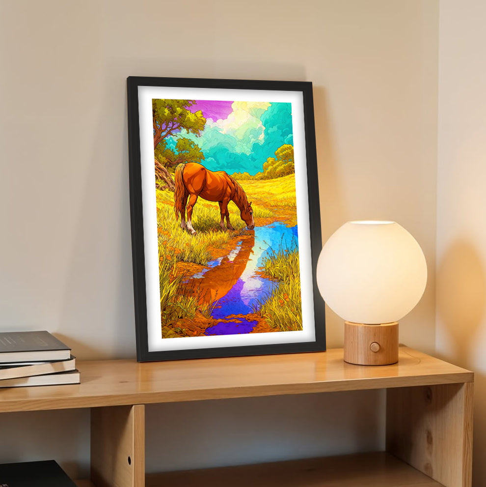Horse by the Meadow Stream Wall Frame