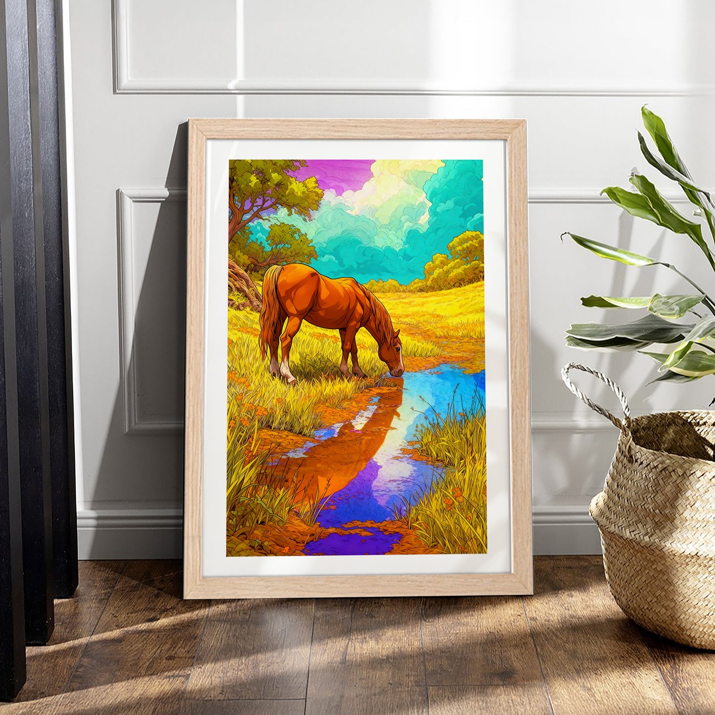 Horse by the Meadow Stream Wall Frame