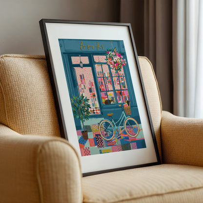 Cozy Bookstore Street Scene Wall Art Print
