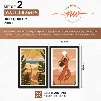 Bohemian Sun & Moon Goddess Wall Art Set of 2