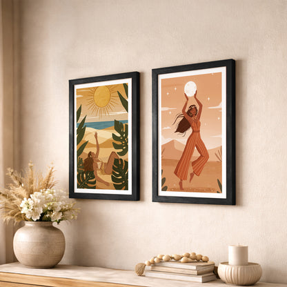 Bohemian Sun & Moon Goddess Wall Art Set of 2