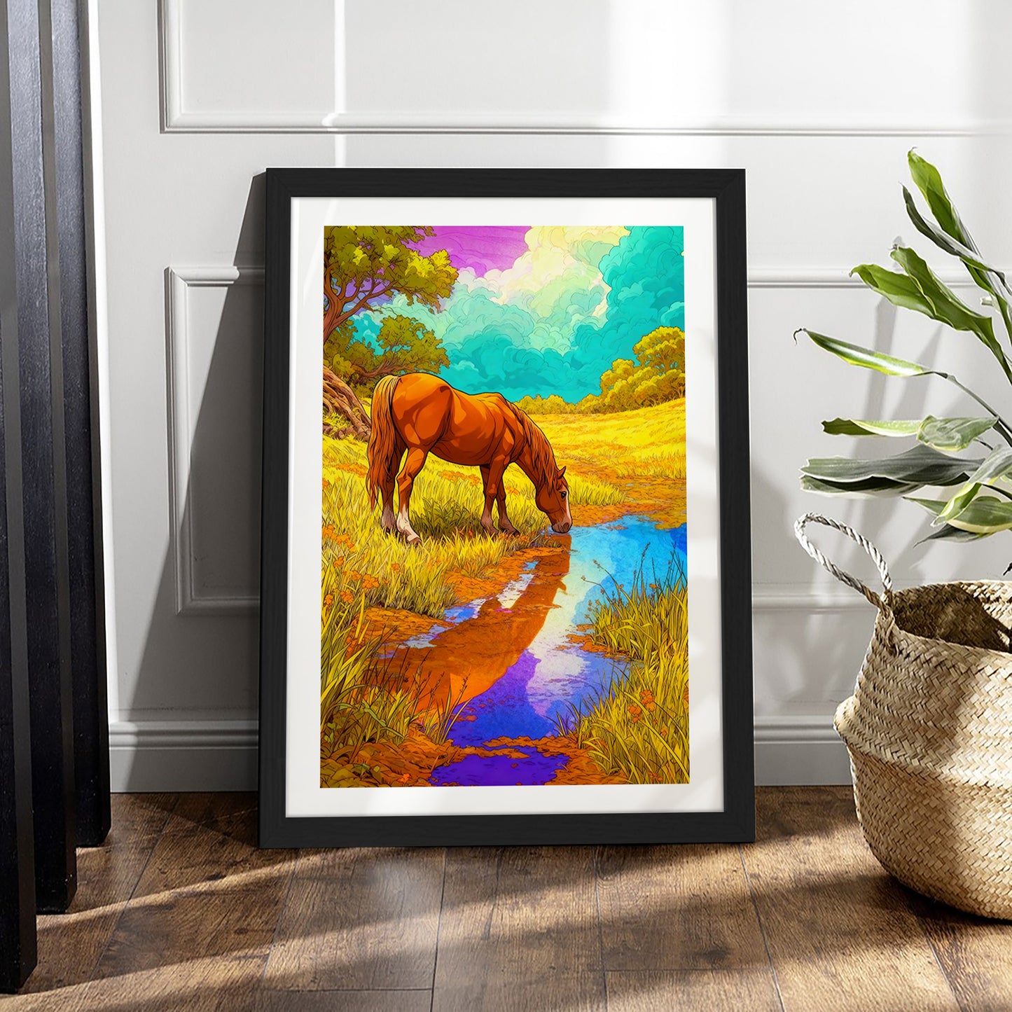Horse by the Meadow Stream Wall Frame
