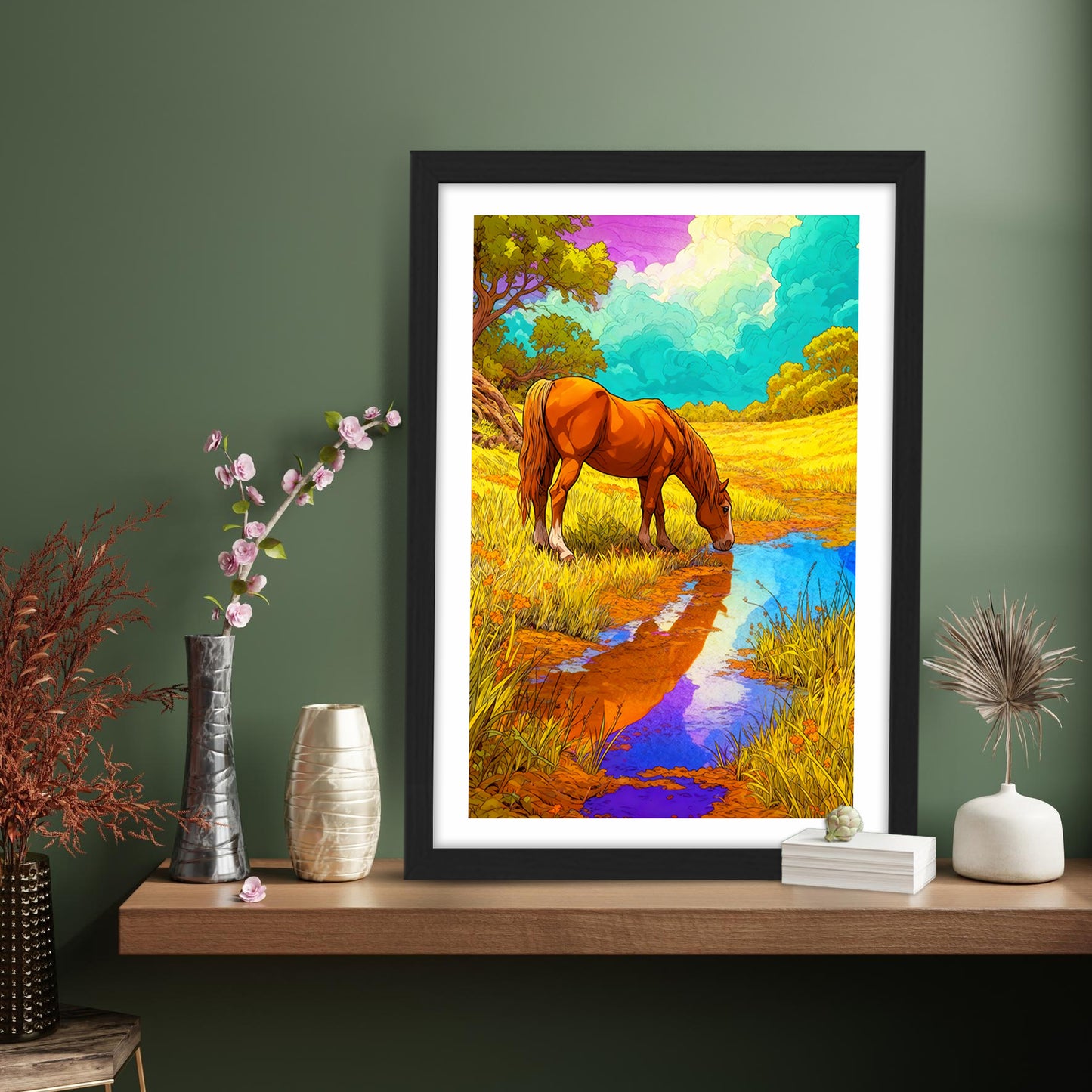 Horse by the Meadow Stream Wall Frame