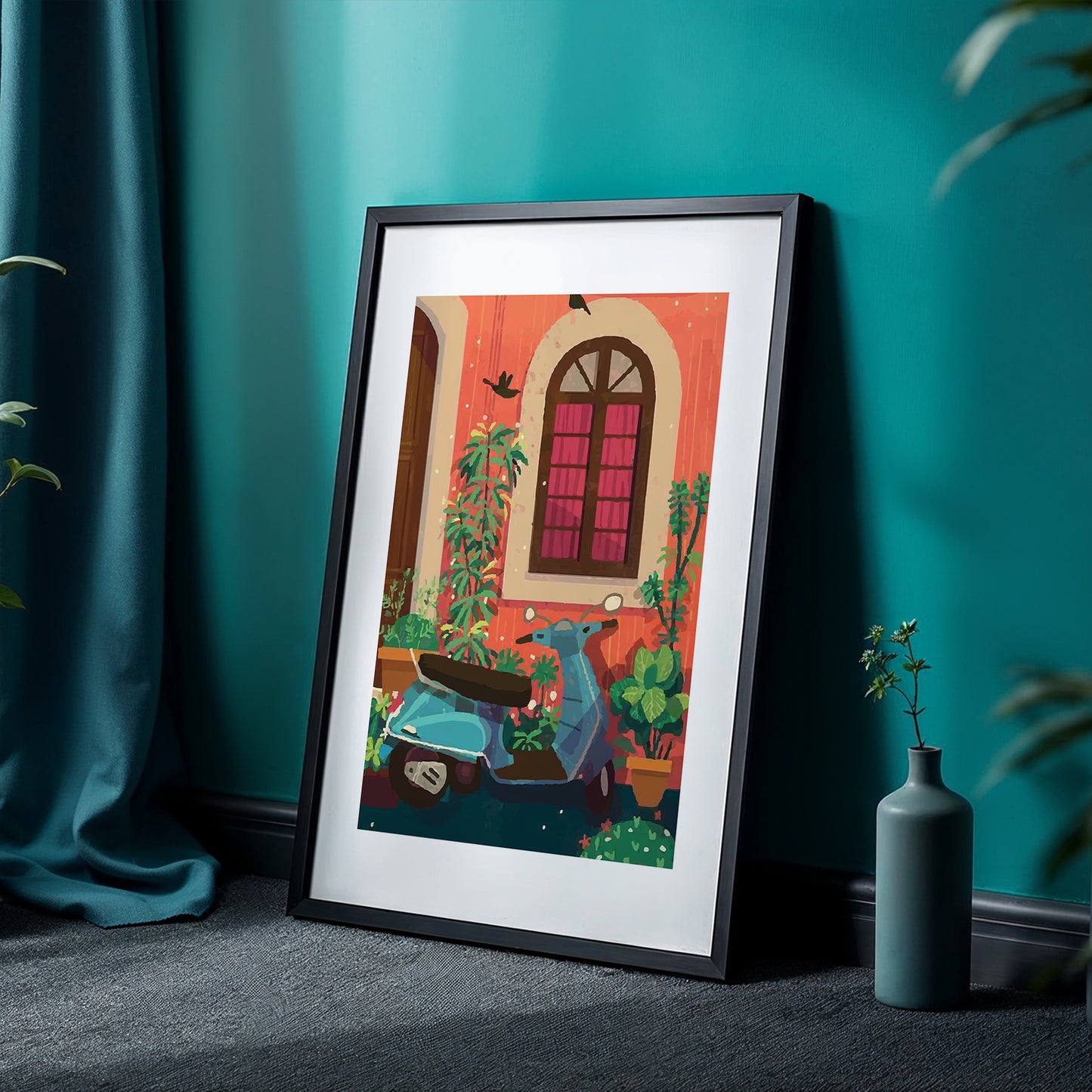 Vintage Scooter Courtyard Framed Wall Art Print