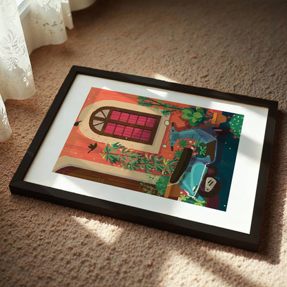 Vintage Scooter Courtyard Framed Wall Art Print