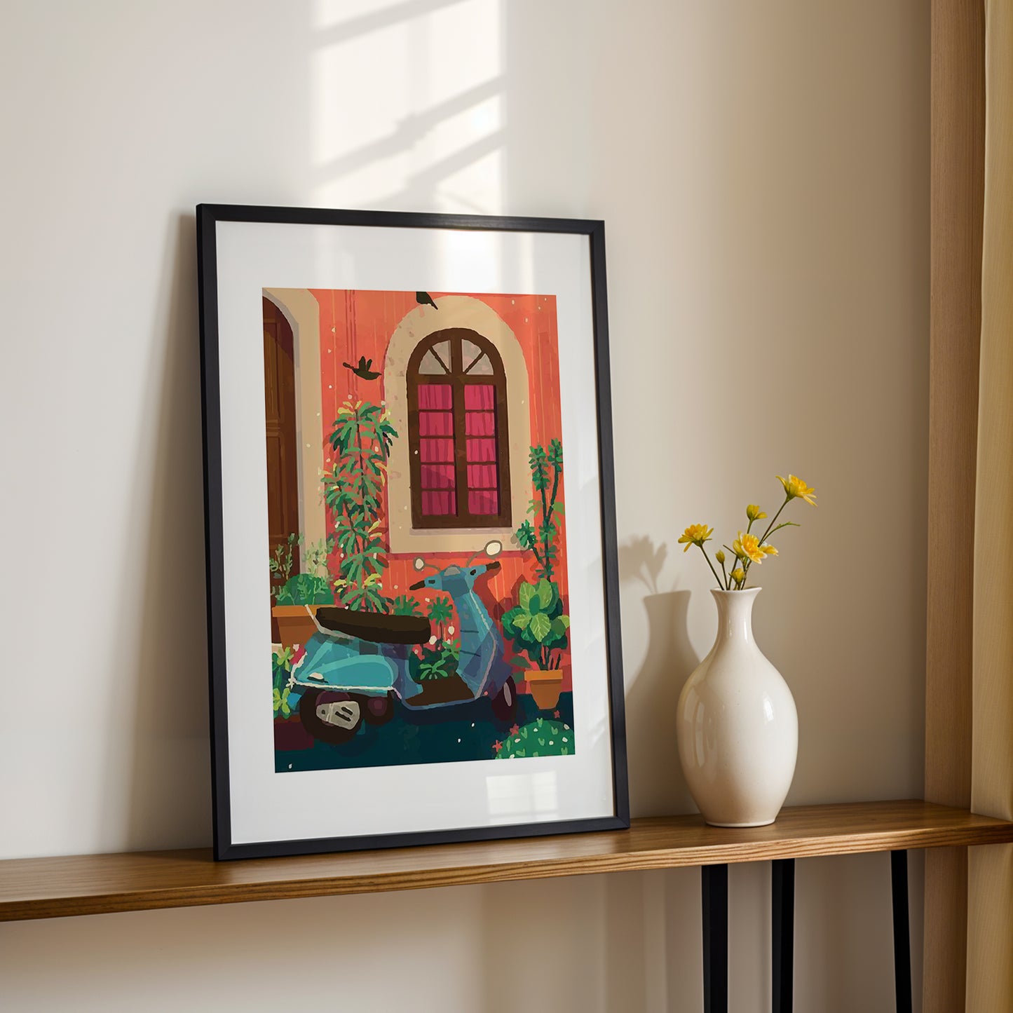 Vintage Scooter Courtyard Framed Wall Art Print